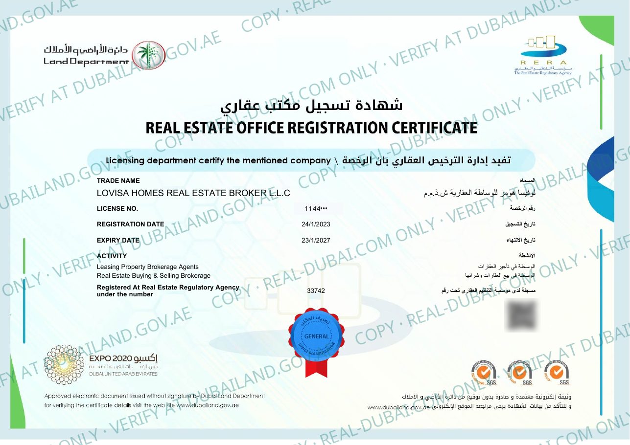 RERA-Registrierungszertifikat der Lovisa Homes Real Estate Broker L.L.C. (Kopie mit Wasserzeichen)
