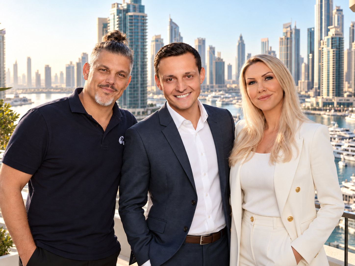 Das REAL DUBAI Team auf einem Balkon vor der Dubai Marina